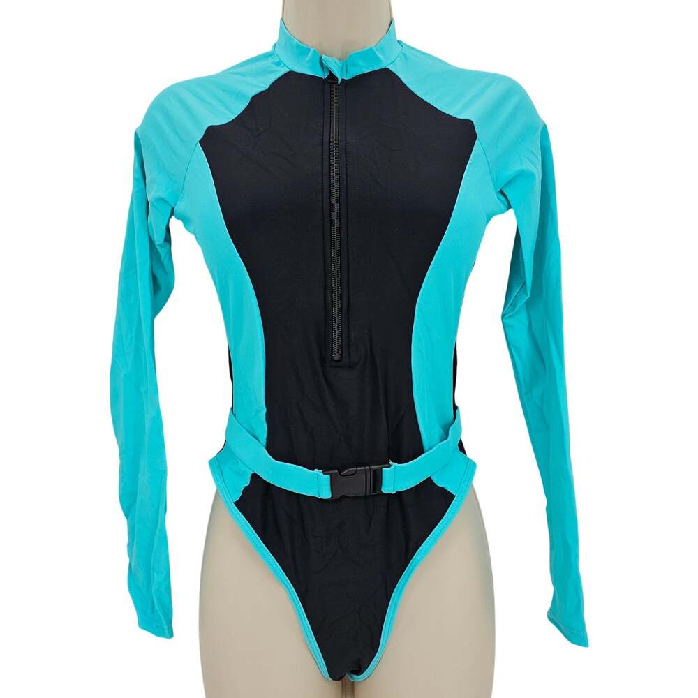 Zando Womans size S Long Sleeve One Piece Rashguard Swimsuit Black/Teal NWOT